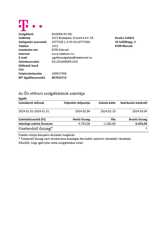 Hungary Magyartel business utility bill template in Word and PDF formats, fully editable